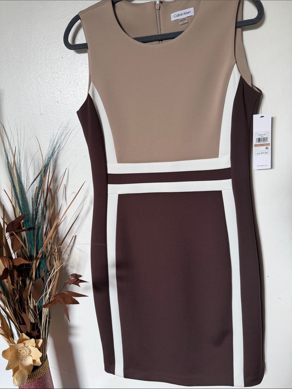 Calvin Klein Taupe, Chocolate and Cream Colorblock Midi Sheath Dress